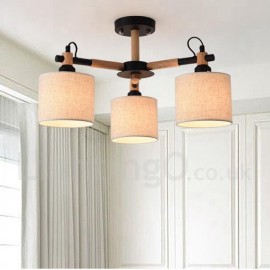 Modern/ Contemporary 3 Light Single Tier Wood Chandelier with Drum Fabric Shade for Bedroom, Living Room & Dining Room