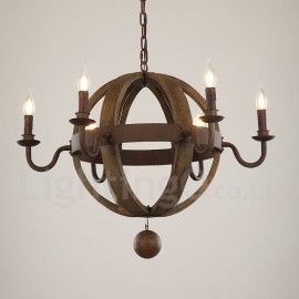 Country Vintage Wooden 6 Light Chandelier Lamp for Dining Room, Living Room Light