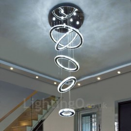 Dimmable 5 Rings Modern LED Crystal Ceiling Pendant Light Indoor Chandeliers Home Hanging Down Lighting Lamps Fixtures with Remote Control