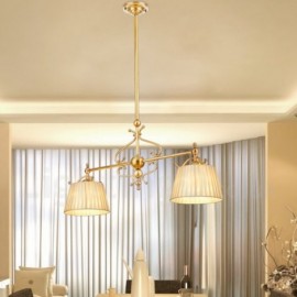 2 Light Retro,Rustic,Luxury Brass Pendant Lamp Chandelier with Fabric Shade
