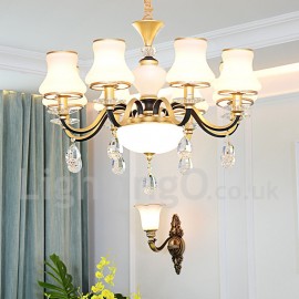 8 Light Retro, Rustic, Luxury Crystal Pendant Lamp Chandelier with Glass Shade