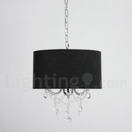 Modern / Contemporary 3 Light Drum Crystal Chrome, Black Stainless Steel Chandelier with Fabric Shade